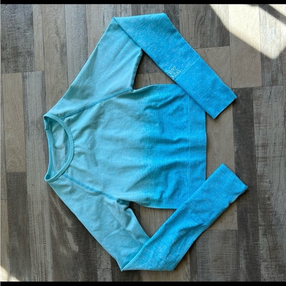 PINK seamless blue ombre long sleeve crop athletic top - Picture 3 of 5